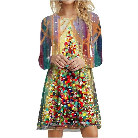 Odeerbi Christmas Dresses For Women 2025 Fashion Christmas Christmas Tree Print Long Sleeve Round Neck Dress Multicolor