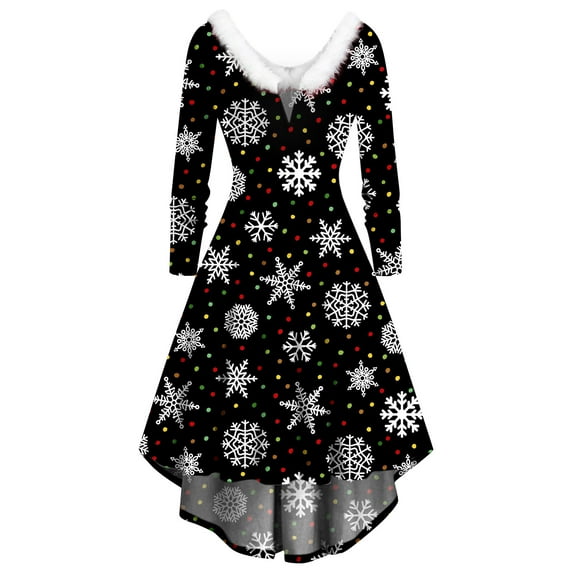 Odeerbi Christmas Dresses For Women 2025 Long Sleeve Christmas Printed Furry V-Neck Draw Back Swing Party Dresses Black
