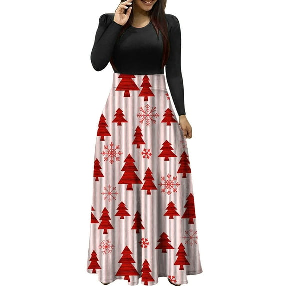 Odeerbi Christmas Dresses For Women Christmas Tree Print Long Sleeve Round Neck Long Dress Beach 2024 Casual Maxi Sundress Dark Blue