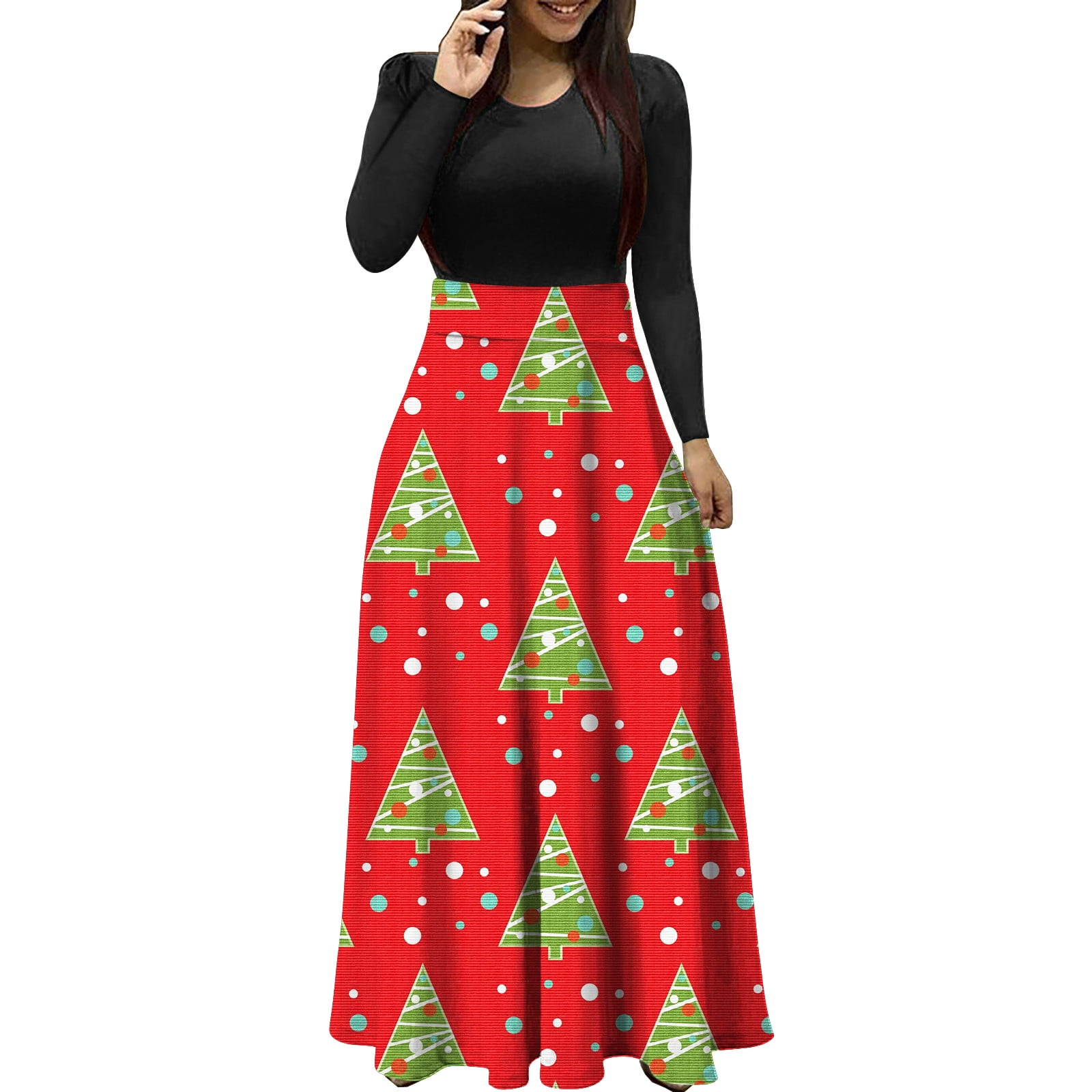 Odeerbi Christmas Dresses For Women Christmas Tree Print Long Sleeve