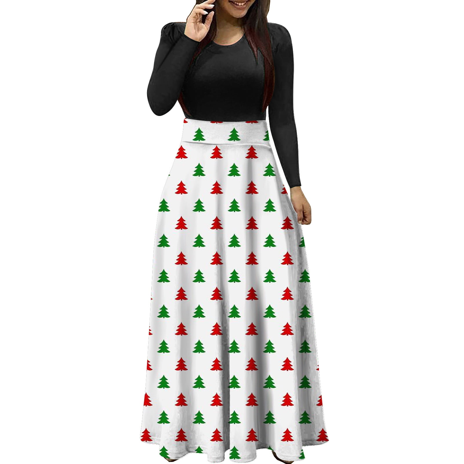 Odeerbi Christmas Dresses For Women Christmas Tree Print Long Sleeve