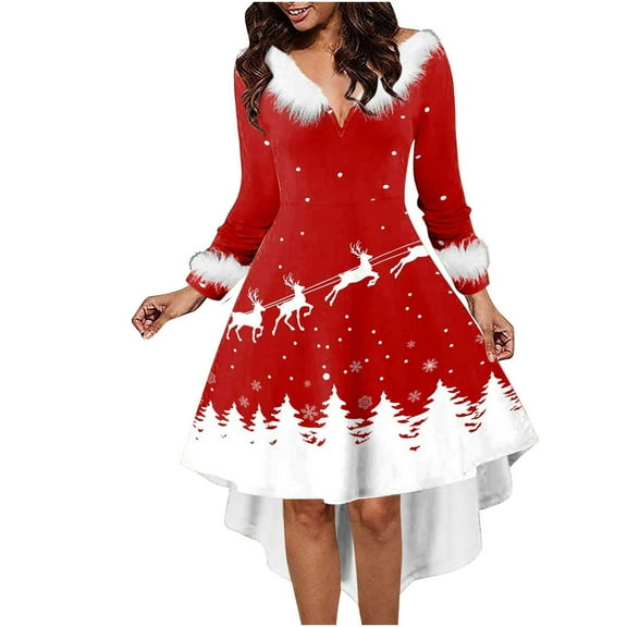 Odeerbi Christmas Dresses For Women Party Dresses 2025 Long Sleeve Printed V-Neck Draw Back Swing Dress Red