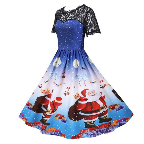 Odeerbi Christmas Dresses for Women 2024 Vintage Dress Short Sleeve O-Neck Printing Gown Party Dress
