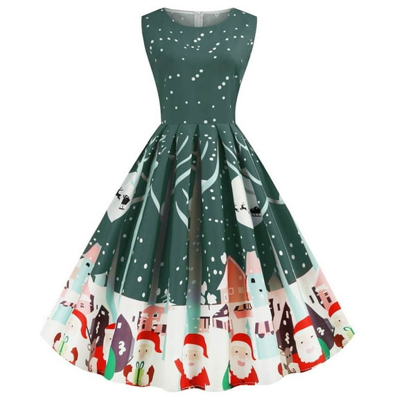 Odeerbi Christmas Dresses for Women 2025 Slim Print Lace Swing Dress Sleeveless Round Neck Dress Olive Drab