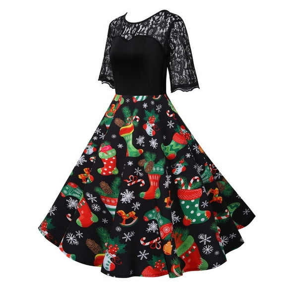Odeerbi Christmas Dresses for Women 2025 Vintage Dress Short Sleeve O-Neck Printing Gown Party Dresses