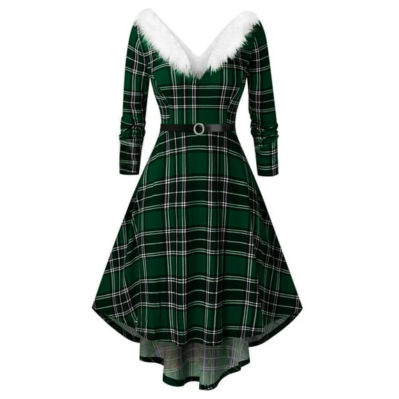 Odeerbi Christmas Dresses for Women Plaid 2025 Long Sleeve Furry V-Neck Draw Back Swing Dress