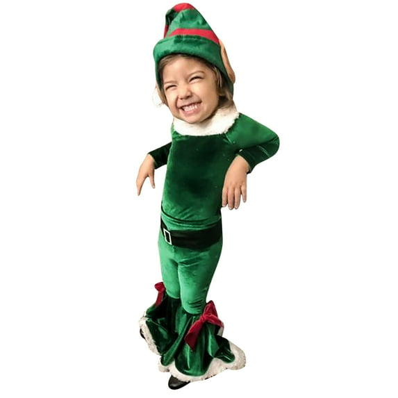 Odeerbi Christmas Hats Boy's And Girl's Children's Winter Christmas 2025 Long Sleeve Shirt +Bell Bottoms + Hat Three-Piece Children's Wear Green