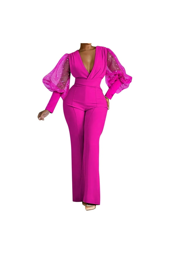 Christmas Jumpsuits For Women 2025 Fashion Winter Solid Sequins Patchwork Long Sleeve V-Neck Jumpsuits Hot Pink