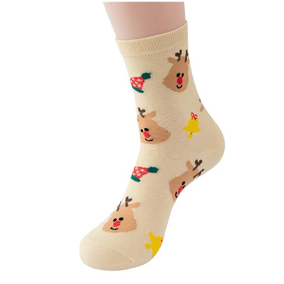 Odeerbi Christmas Mid-Calf Cotton Socks for Women 2025 Christmas Cotton Cute Medium Socks Beige