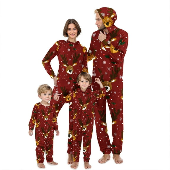 Odeerbi Christmas Onesie Pajamas for Family Holiday Hooded Sleep Jumpsuit Long Sleeve Family Christmas Pajamas Matching Sets Mom Print Jumpsuit Sleepwear Xmas PJs Set Red