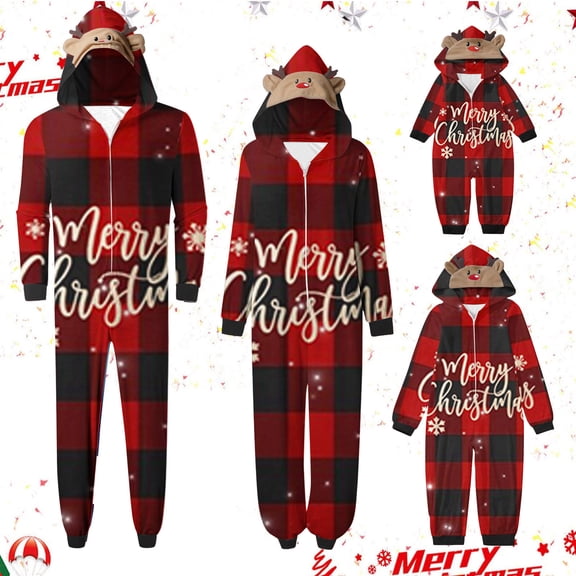 Odeerbi Christmas Onesie Pajamas for Family Holiday Sleep Jumpsuit Long Sleeve Family Christmas Pajamas Matching Sets Infant Jumpsuit Set Printed Sleepwear Family Matching PJs Set Red