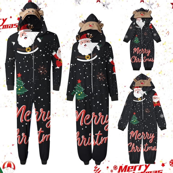 Odeerbi Christmas Onesie Pajamas for Family Holiday Sleep Jumpsuit Long Sleeve Family Christmas Pajamas Matching Sets Kids Jumpsuit Set Printed Sleepwear Family Matching PJs Set Black