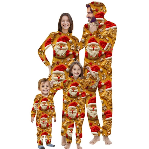 Odeerbi Christmas Onesie Pajamas for Family Holiday Sleep Jumpsuit Long Sleeve Family Christmas Pajamas Matching Sets Mom Fashion Printed Hooded Jumpsuit Sleepwear PJs Set Orange