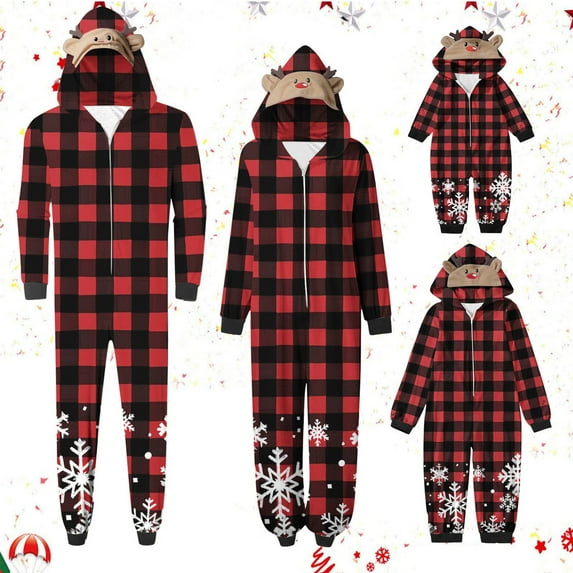Odeerbi Christmas Onesie Pajamas for Family Holiday Sleep Jumpsuit Long Sleeve Family Christmas Pajamas Matching Sets Toddler Fashion Lattice Print Plush Jumpsuit Sleepwear PJs Set Red