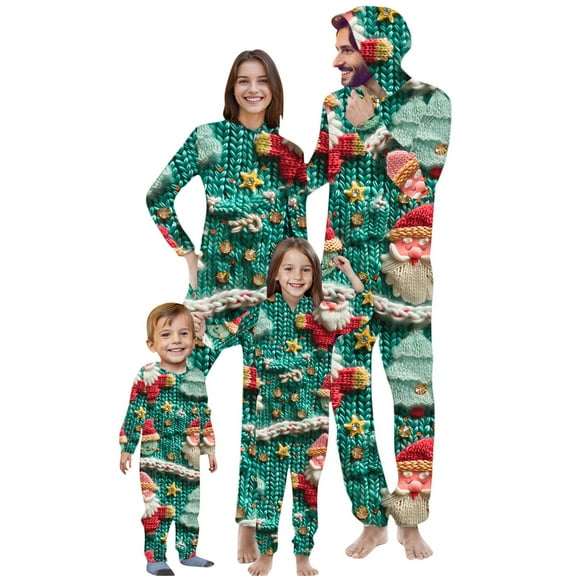 Odeerbi Christmas Onesie Pajamas for Family Holiday Sleep Jumpsuit Long Sleeve Family Christmas Pajamas Matching Sets Baby Fashion Printed Hooded Jumpsuit Sleepwear PJs Set Green
