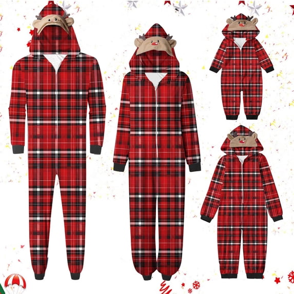 Odeerbi Christmas Onesie Pajamas for Family Holiday Sleep Jumpsuit Long Sleeve Family Christmas Pajamas Matching Sets Mom Fashion Lattice Print Plush Jumpsuit Sleepwear PJs Set Red