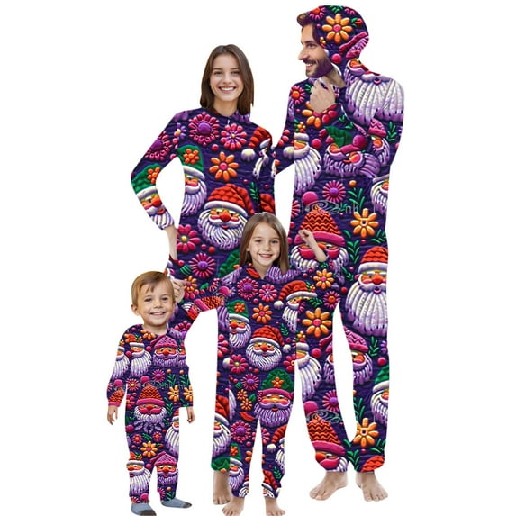 Odeerbi Christmas Onesie Pajamas for Family Holiday Sleep Jumpsuit Long Sleeve Family Christmas Pajamas Matching Sets Mom Fashion Printed Hooded Jumpsuit Sleepwear PJs Set Purple