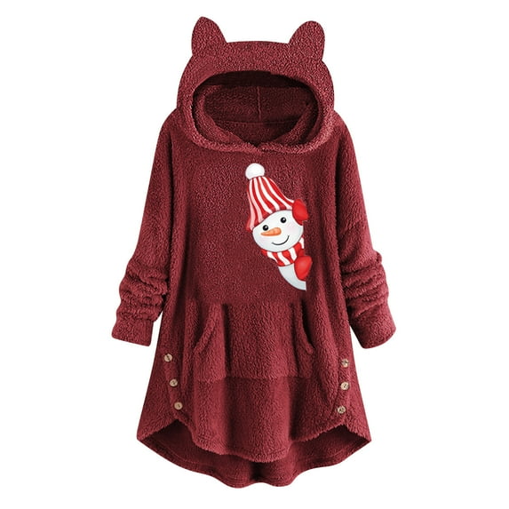 Odeerbi Christmas Outfits For Women Winter Plush Coat 2025 Casual Printing Cat Ears Long Sleeved Hooded Top Burgundy