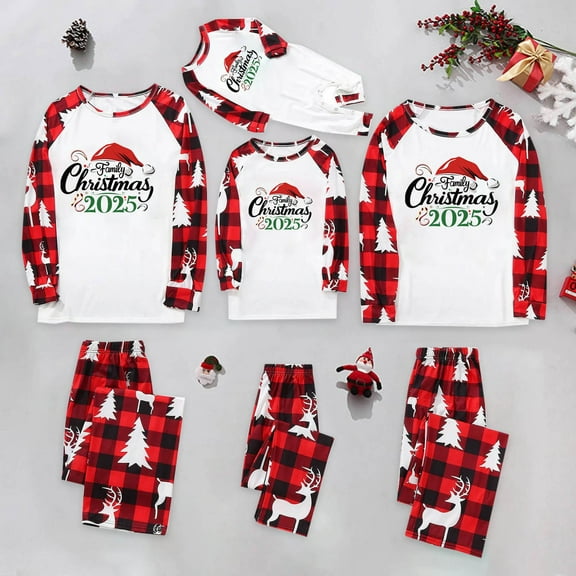 Odeerbi Christmas Pajamas for Family Holiday Long Sleeve Family Christmas Pajamas Matching Sets Baby Parent Child Outfit Printed Loungewear Two-Piece Sleepwear Xmas PJs Set White