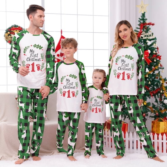 Odeerbi Christmas Pajamas for Family Holiday Long Sleeve Family Christmas Pajamas Matching Sets Dad Parent Child Printed Loungewear Set Two-Piece Sleepwear Xmas PJs Set Green