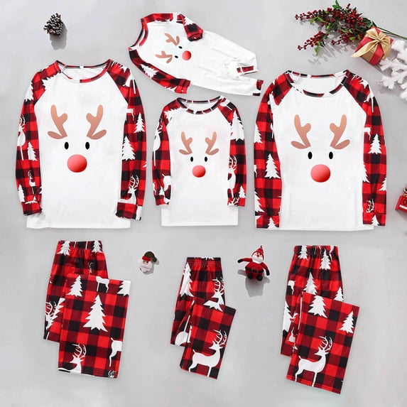 Odeerbi Christmas Pajamas for Family Holiday Long Sleeve Family Christmas Pajamas Matching Sets Infant Parent Child Outfit Printed Loungewear Two-Piece Sleepwear Xmas PJs Set White