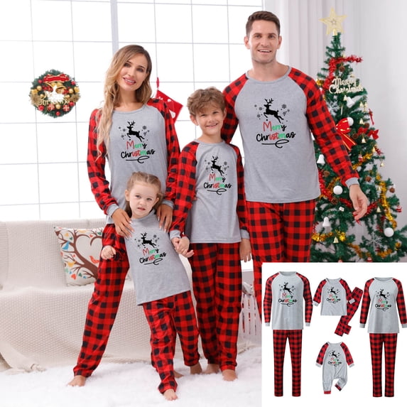 Odeerbi Christmas Pajamas for Family Holiday Long Sleeve Family Christmas Pajamas Matching Sets Kids Casual Printed Top with Bottom Outfits Home Wear Sleepwear Family Matching PJs Set Red