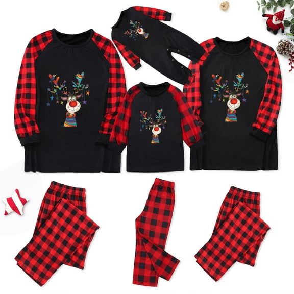 Odeerbi Christmas Pajamas for Family Holiday Long Sleeve Family Christmas Pajamas Matching Sets Mom Parent Child Printed Loungewear Top Pants Set Two-Piece Sleepwear Xmas PJs Set Red