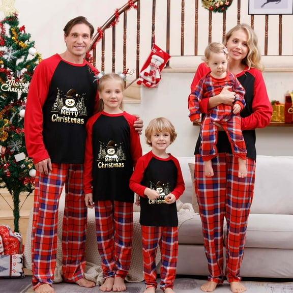 Odeerbi Christmas Pajamas for Family Holiday Long Sleeve Family Christmas Pajamas Matching Sets Mom Printed Loungewear Top Pants Set Two-Piece Sleepwear Xmas PJs Set Red