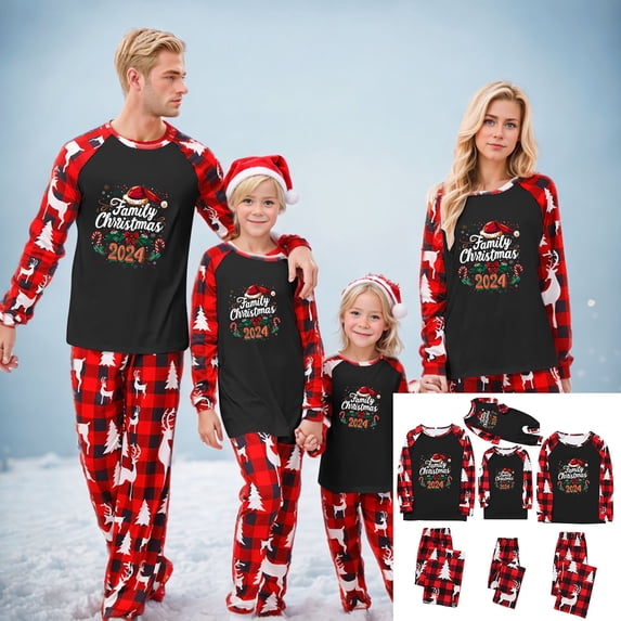 Odeerbi Christmas Pajamas for Family Holiday Long Sleeve Family Christmas Pajamas Matching Sets Toddler Casual Printed Top Pants Outfits Loungewear Two-Piece Sleepwear Xmas PJs Set Red