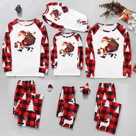 Odeerbi Christmas Pajamas for Family Holiday Long Sleeve Family Christmas Pajamas Matching Sets Toddler Christmas Plaid Printed Blouse Tops + Pants Sleepwear Family Matching PJs Set Red