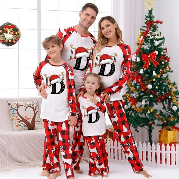 Odeerbi Christmas Pajamas for Family Holiday Long Sleeve Initial Name Family Christmas Pajamas Matching Sets Dad Printed Home Wear Two-Piece Sleepwear Xmas Family Matching PJs Set Red
