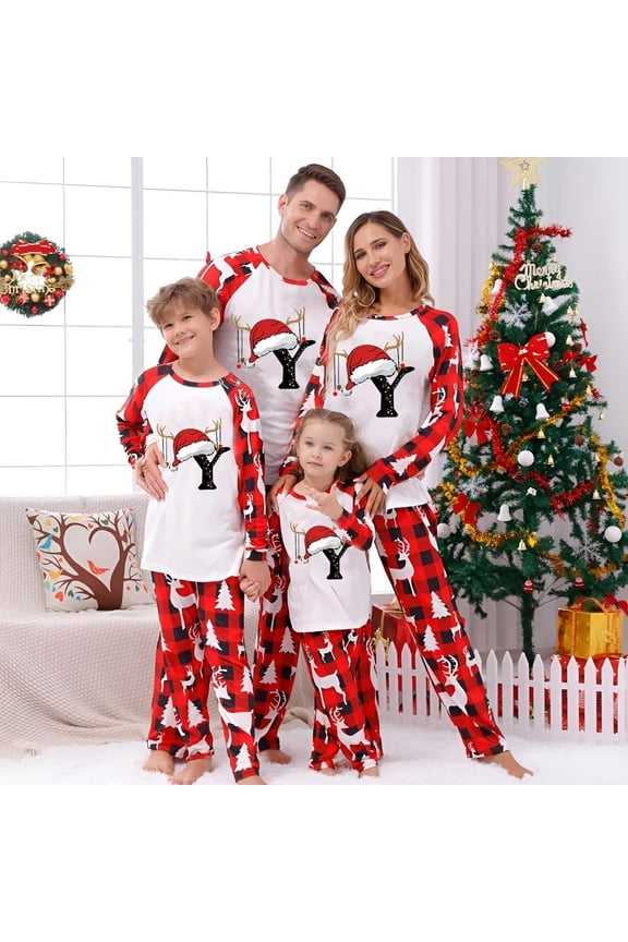 Christmas Pajamas for Family Holiday Long Sleeve Initial Name Family Christmas Pajamas Matching Sets Mom Printed Home Wear Two-Piece Sleepwear Xmas Family Matching PJs Set Red