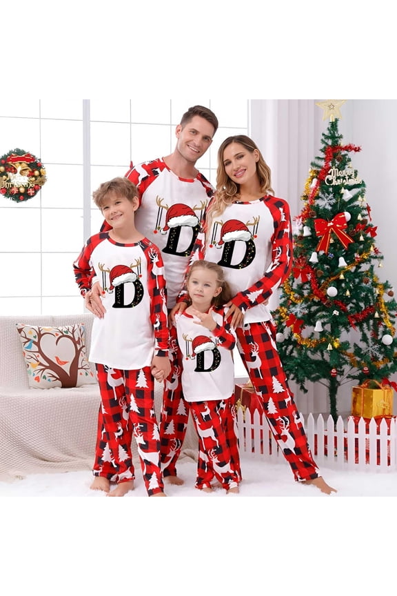 Christmas Pajamas for Family Holiday Long Sleeve Initial Name Family Christmas Pajamas Matching Sets Mom Printed Home Wear Two-Piece Sleepwear Xmas Family Matching PJs Set Red