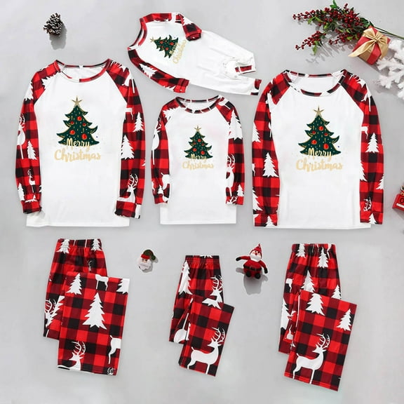 Odeerbi Christmas Pajamas for Family Holiday Long Sleeve Family Christmas Pajamas Matching Sets Baby Parent Child Outfit Printed Loungewear Two-Piece Sleepwear Xmas PJs Set White