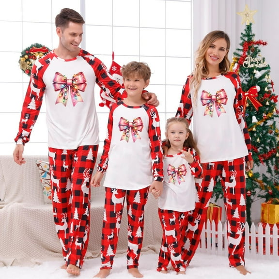 Odeerbi Christmas Pajamas for Family Holiday Long Sleeve Family Christmas Pajamas Matching Sets Dad Casual Printed Top with Bottom Outfits Home Wear Sleepwear Family Matching PJs Set Red