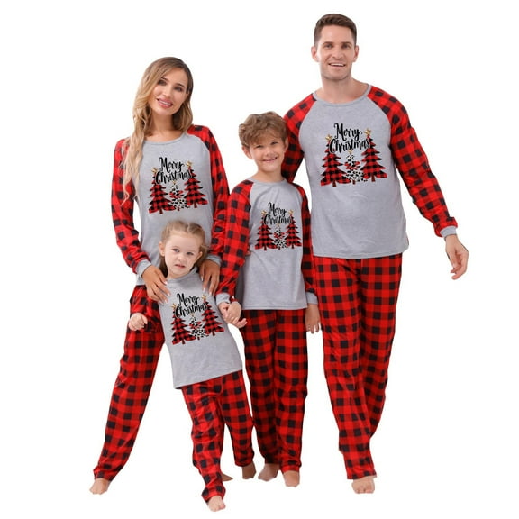 Odeerbi Christmas Pajamas for Family Holiday Long Sleeve Family Christmas Pajamas Matching Sets Dad Casual Printed Top with Bottom Outfits Home Wear Sleepwear Family Matching PJs Set Red