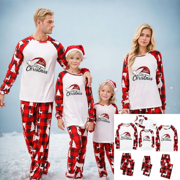 Odeerbi Christmas Pajamas for Family Holiday Long Sleeve Family Christmas Pajamas Matching Sets Dad Casual Printed Top Pants Outfits Loungewear Two-Piece Sleepwear Xmas PJs Set Red