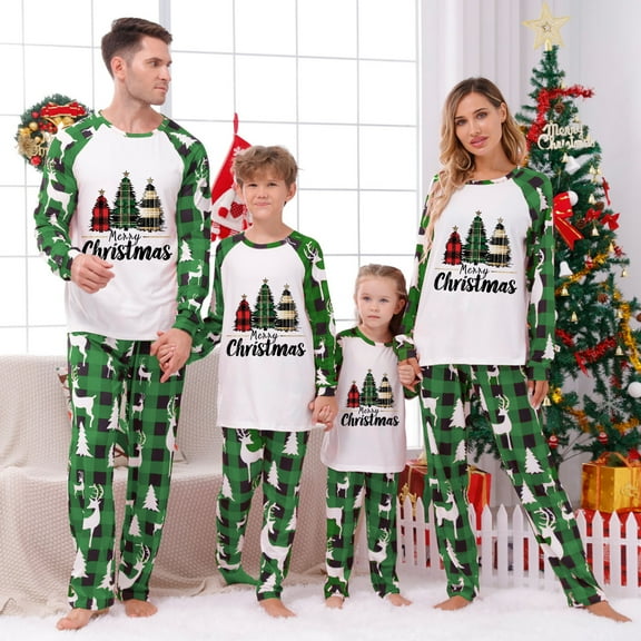 Odeerbi Christmas Pajamas for Family Holiday Long Sleeve Family Christmas Pajamas Matching Sets Dad Parent Child Printed Loungewear Set Two-Piece Sleepwear Xmas PJs Set Green