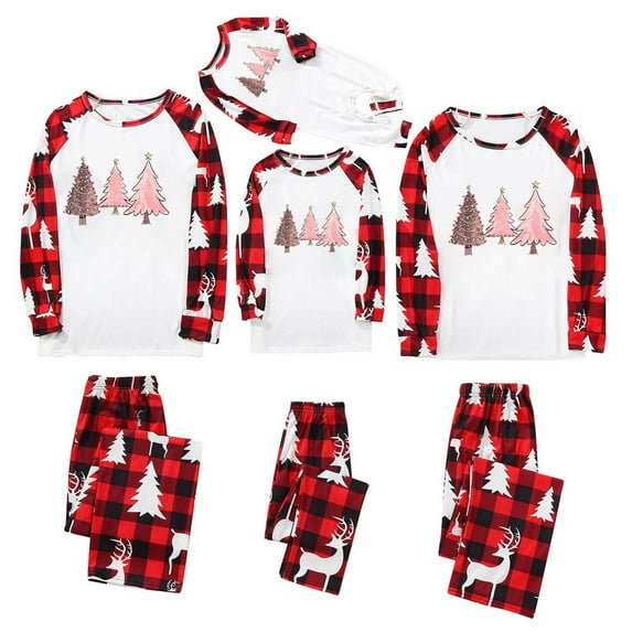 Odeerbi Christmas Pajamas for Family Holiday Long Sleeve Family Christmas Pajamas Matching Sets Dad Christmas Plaid Printed Blouse Tops + Pants Sleepwear Family Matching PJs Set Red
