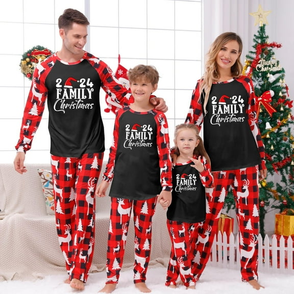 Odeerbi Christmas Pajamas for Family Holiday Long Sleeve Family Christmas Pajamas Matching Sets Infant Casual Printed Top with Bottom Outfits Home Wear Sleepwear Family Matching PJs Set Red