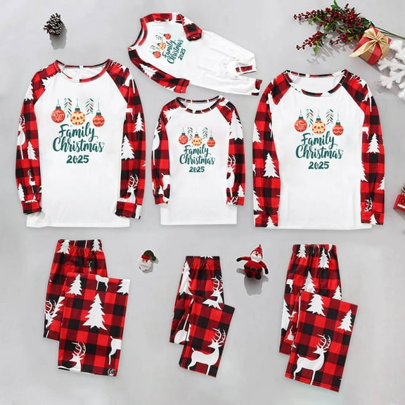 Odeerbi Christmas Pajamas for Family Holiday Long Sleeve Family Christmas Pajamas Matching Sets Infant Parent Child Outfit Printed Loungewear Two-Piece Sleepwear Xmas PJs Set White