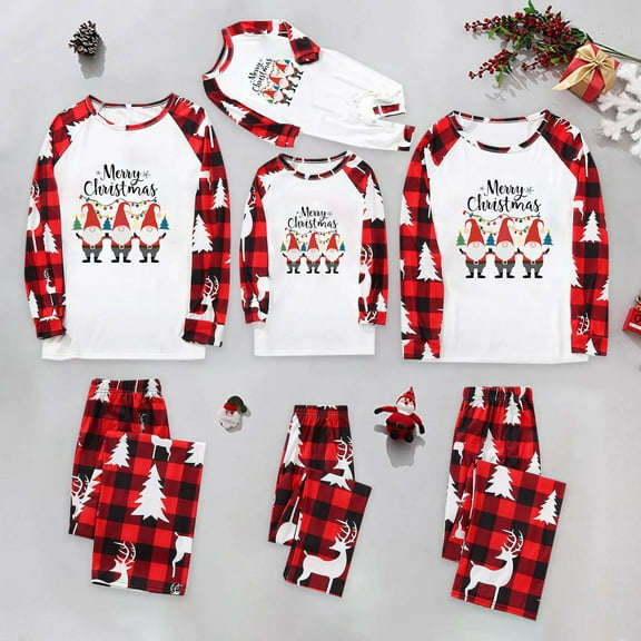 Odeerbi Christmas Pajamas for Family Holiday Long Sleeve Family Christmas Pajamas Matching Sets Infant Parent Child Outfit Printed Loungewear Two-Piece Sleepwear Xmas PJs Set White