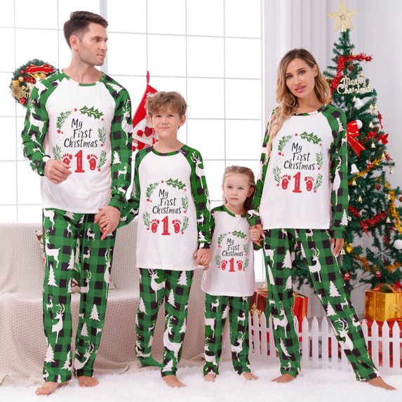 Odeerbi Christmas Pajamas for Family Holiday Long Sleeve Family Christmas Pajamas Matching Sets Infant Parent Child Printed Loungewear Set Two-Piece Sleepwear Xmas PJs Set Green