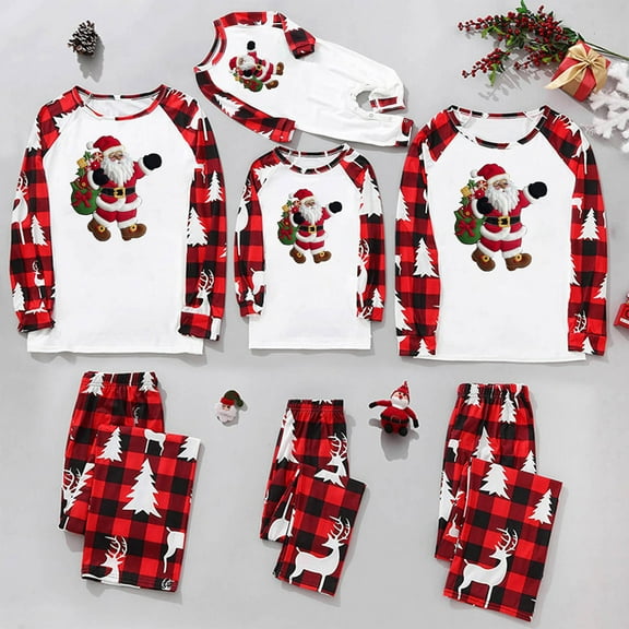 Odeerbi Christmas Pajamas for Family Holiday Long Sleeve Family Christmas Pajamas Matching Sets Infant Christmas Plaid Printed Blouse Tops Pants Sleepwear Family Matching PJs Set Red