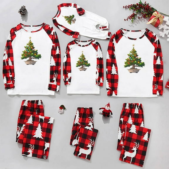 Odeerbi Christmas Pajamas for Family Holiday Long Sleeve Family Christmas Pajamas Matching Sets Infant Christmas Plaid Printed Blouse Tops   Pants Sleepwear Family Matching PJs Set Red