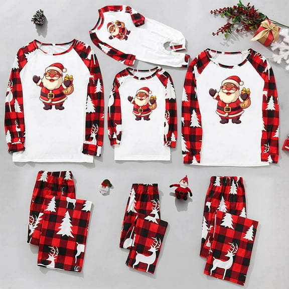 Odeerbi Christmas Pajamas for Family Holiday Long Sleeve Family Christmas Pajamas Matching Sets Infant Christmas Plaid Printed Blouse Tops Pants Sleepwear Family Matching PJs Set Red