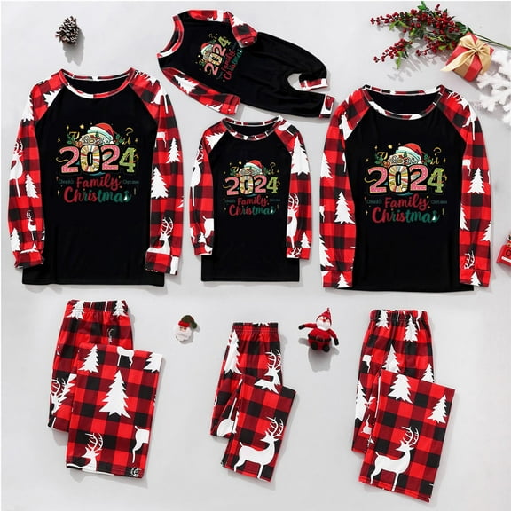 Odeerbi Christmas Pajamas for Family Holiday Long Sleeve Family Christmas Pajamas Matching Sets Kids Casual Printed Top with Bottom Outfits Home Wear Sleepwear Family Matching PJs Set Red