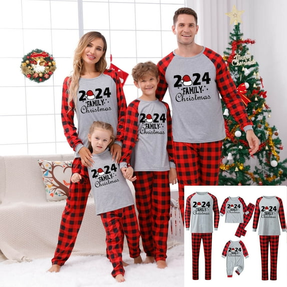 Odeerbi Christmas Pajamas for Family Holiday Long Sleeve Family Christmas Pajamas Matching Sets Mom Casual Printed Top with Bottom Outfits Home Wear Sleepwear Family Matching PJs Set Red