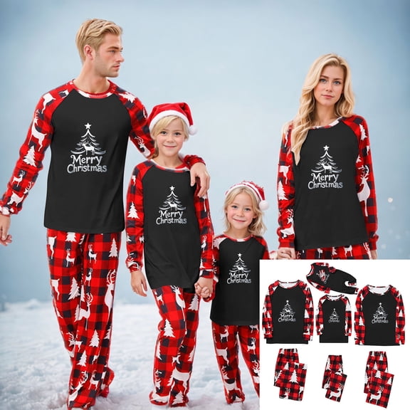 Odeerbi Christmas Pajamas for Family Holiday Long Sleeve Family Christmas Pajamas Matching Sets Toddler Casual Printed Top Pants Outfits Loungewear Two-Piece Sleepwear Xmas PJs Set Red