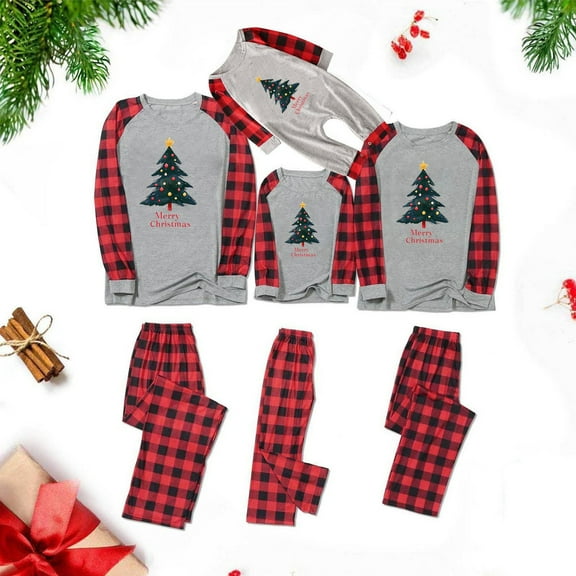 Odeerbi Christmas Pajamas for Family Holiday Plaid Long Sleeve Family Christmas Pajamas Matching Sets Baby Plaid Printed Loungewear Top Pants Set Two-Piece Sleepwear Xmas PJs Set Red